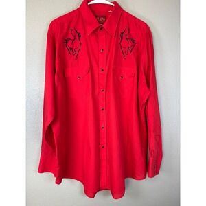 Plains Western Wear Mens XL Red Embroidered Horse Pearl Snap Long Sleeve Shirt